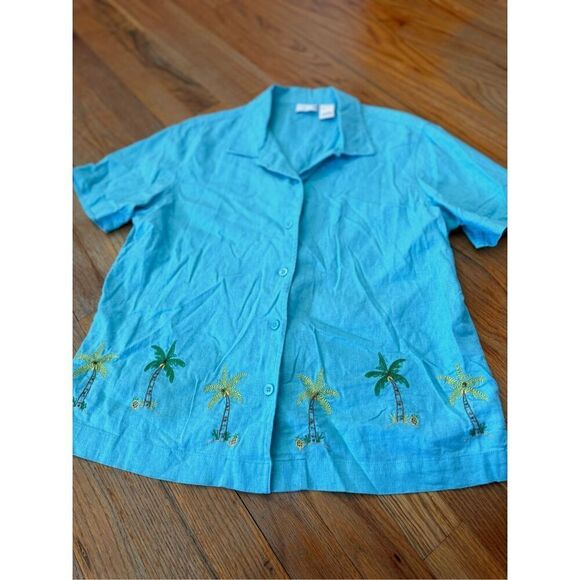 Vintage Kim Rogers Linen Blend Embroidered Palm Tree Beach Shirt Size L - Picture 5 of 8